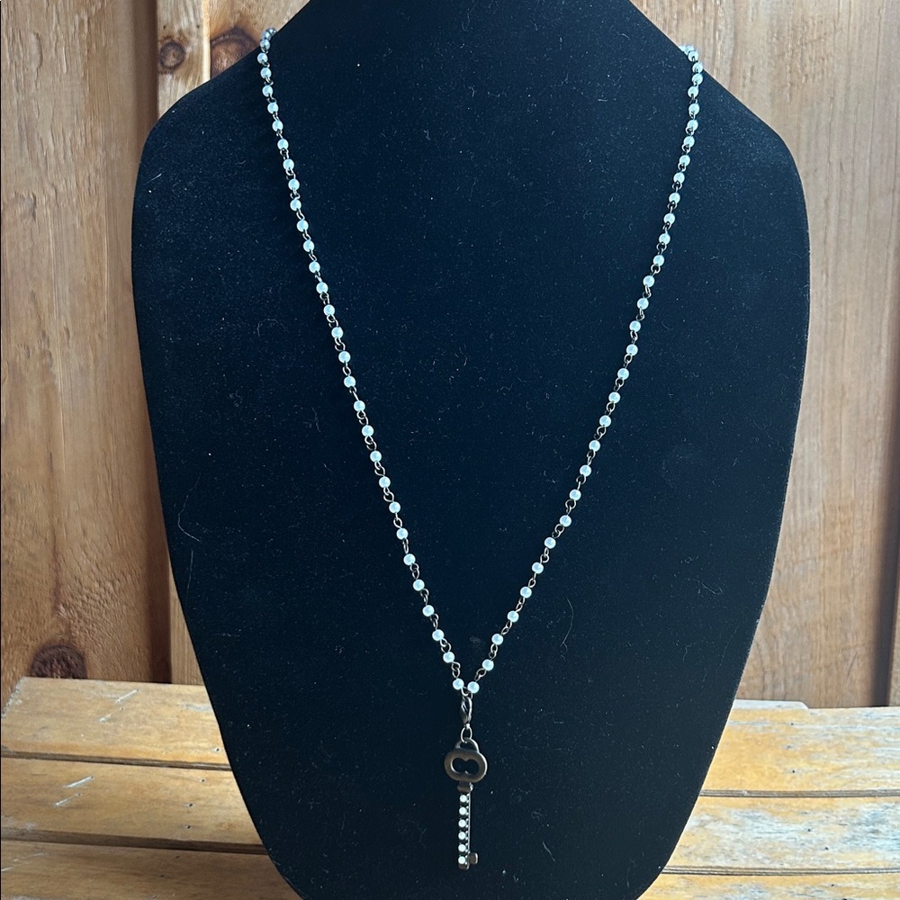 Silver Beaded Key Pendant Necklace faux pearls